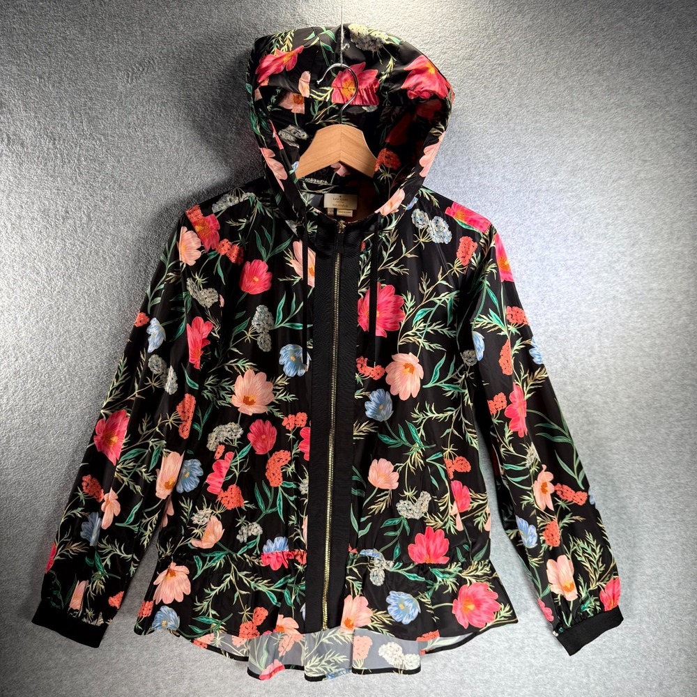 Kate Spade Blossom Flounce Windbreaker Jacket Women‎ Small Black Floral Print